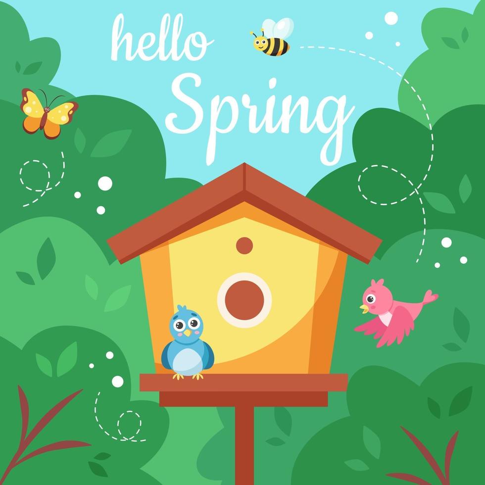 Hello spring. Birdhouse with birds, butterfly, bee. Spring nature. Vector illustration