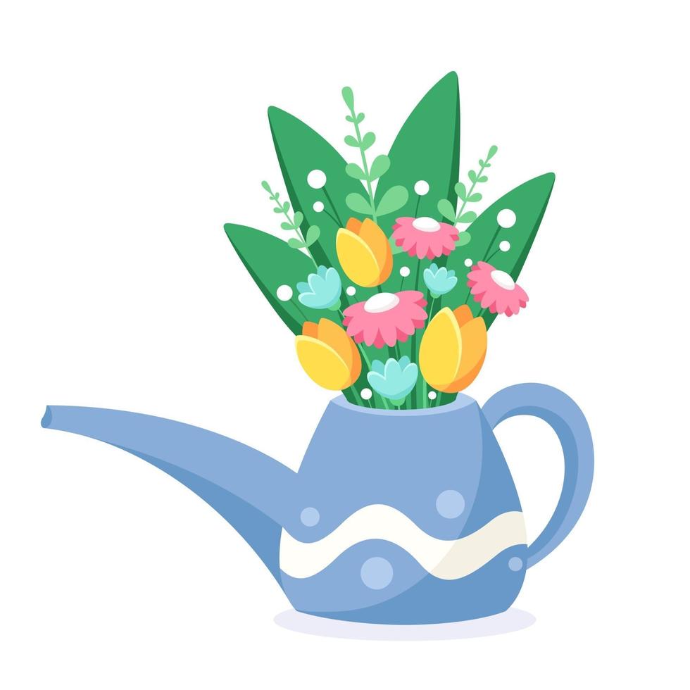 Watering can with spring flowers. Hello spring. Vector illustration