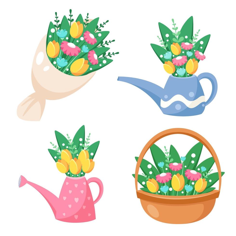 Bouquet of flowers, watering can with flowers, basket with flowers. Spring time. Vector illustration