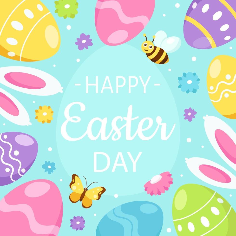 tarjeta de felicitación de pascua feliz. huevos de pascua, orejas de conejo, flores, mariposa. ilustración vectorial vector