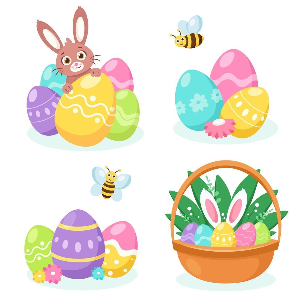 Easter elements bunny, basket with eggs, easter eggs. Vector illustration