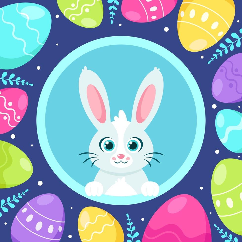 Happy Easter greeting card. Bunny with Easter eggs. Vector illustration