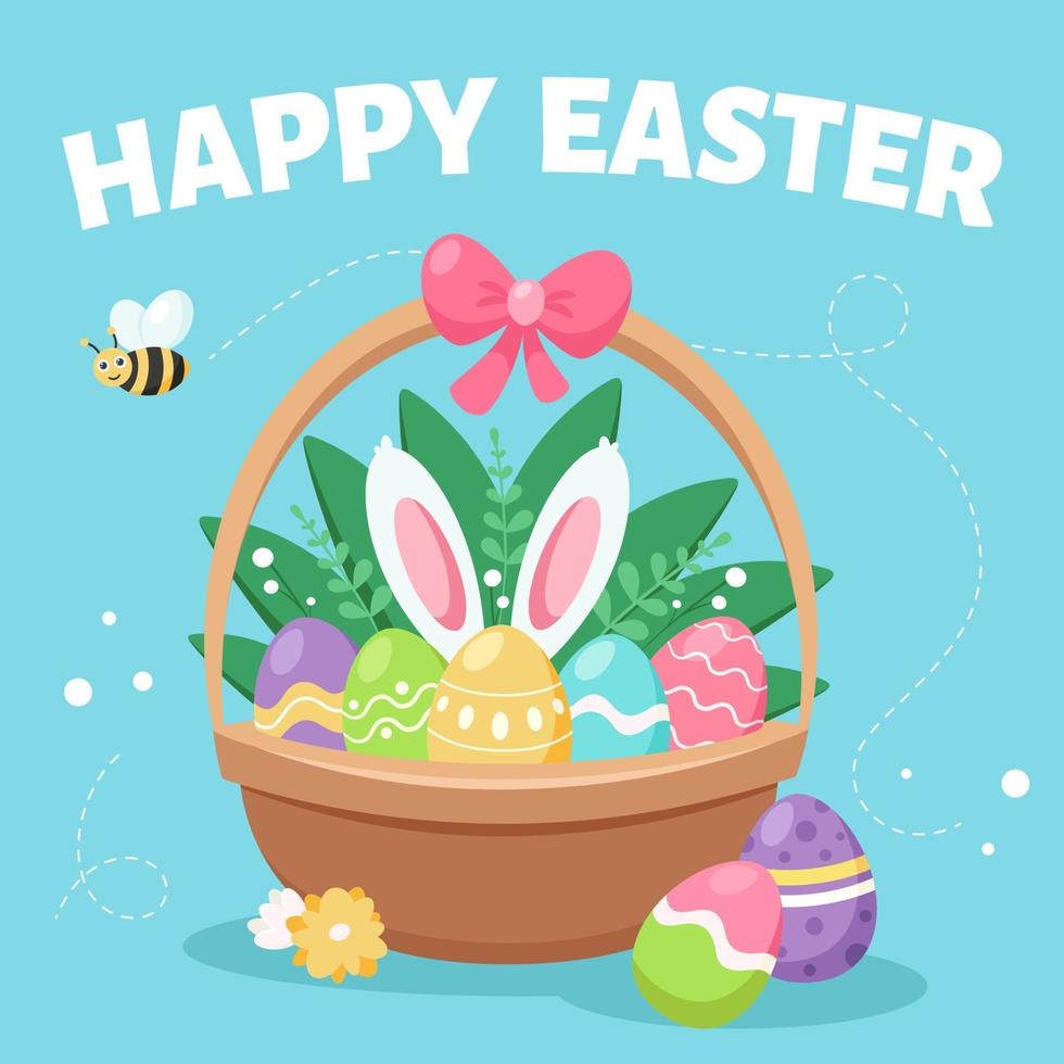 Happy Easter greeting card. Basket with Easter eggs, flowers and a rabbit. vector