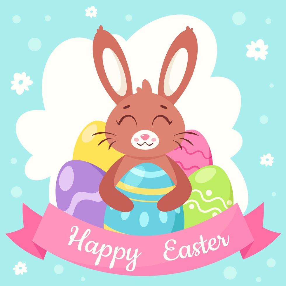 Happy Easter greeting card. Bunny with Easter eggs. Vector illustration