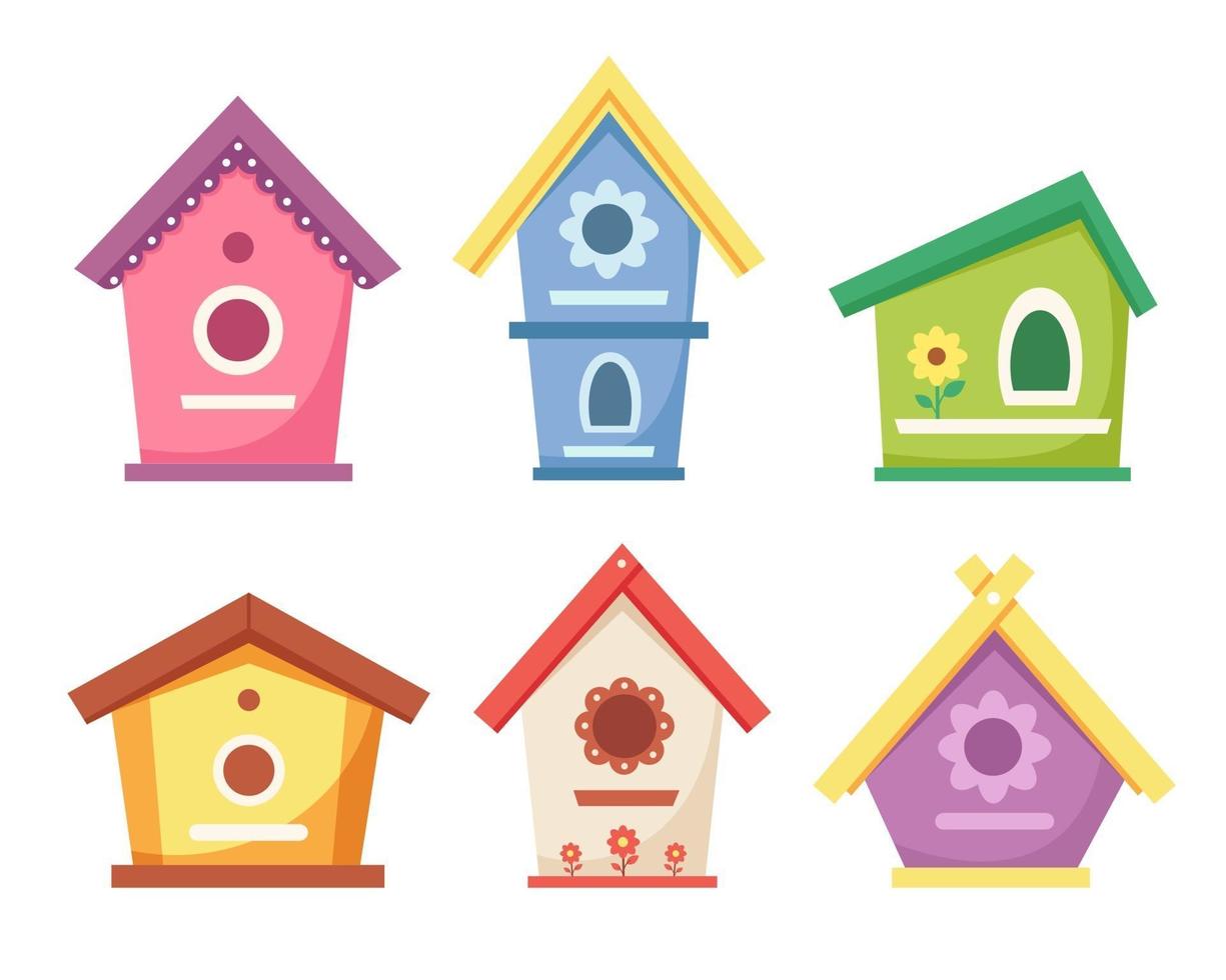 Birdhouses collection. Garden bird houses for feeding birds. Vector illustration