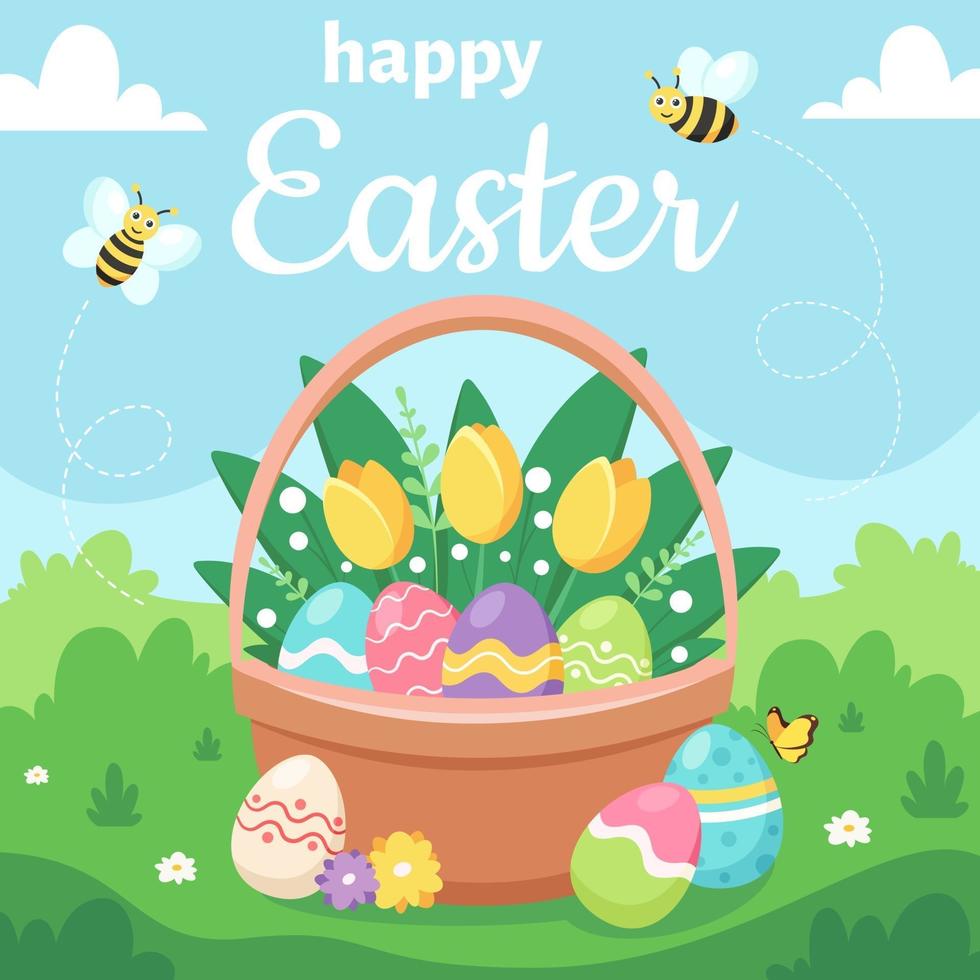 Happy Easter greeting card. Basket with Easter eggs and flowers. Vector illustration