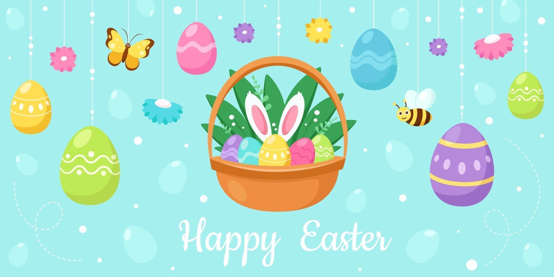 Happy Easter greeting card. Basket with Easter eggs, flowers, bee, butterfly. Vector illustration