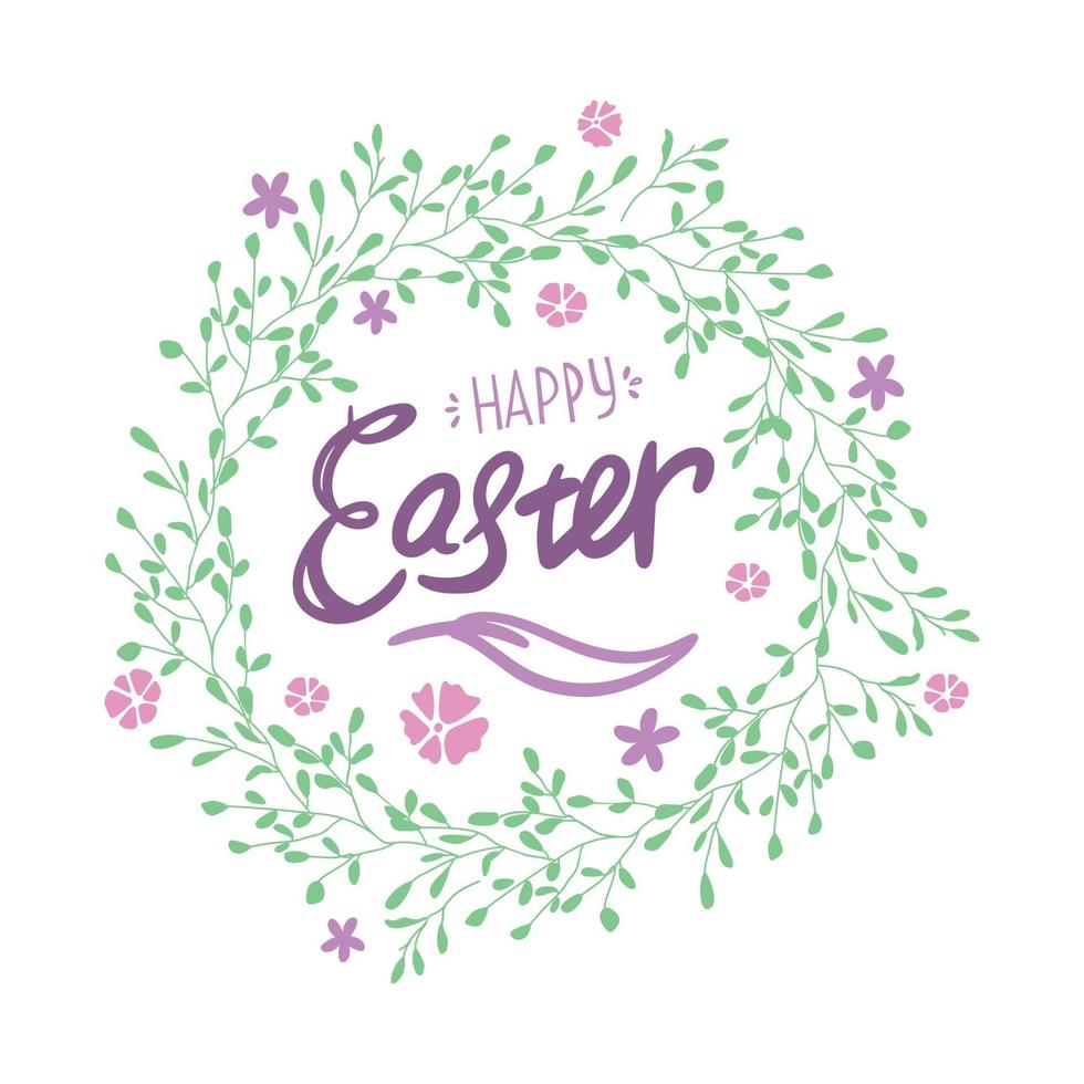 Happy Easter wreath with Hand drawn lettering. Botanical illustration happy easter with flowers. Calligraphy for easter. vector