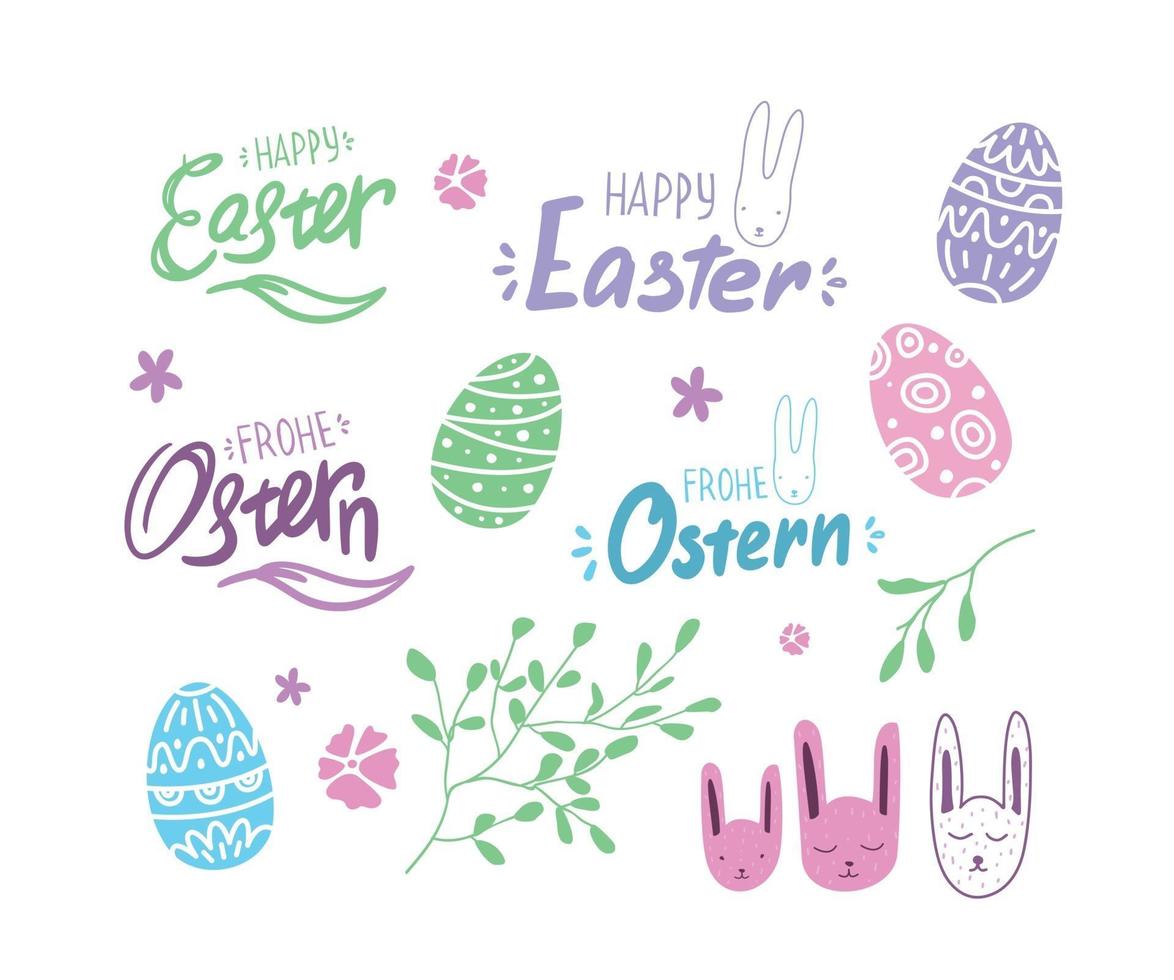 Pascua con huevos, letras, fuentes alemanas y conejito. elementos de resorte vector