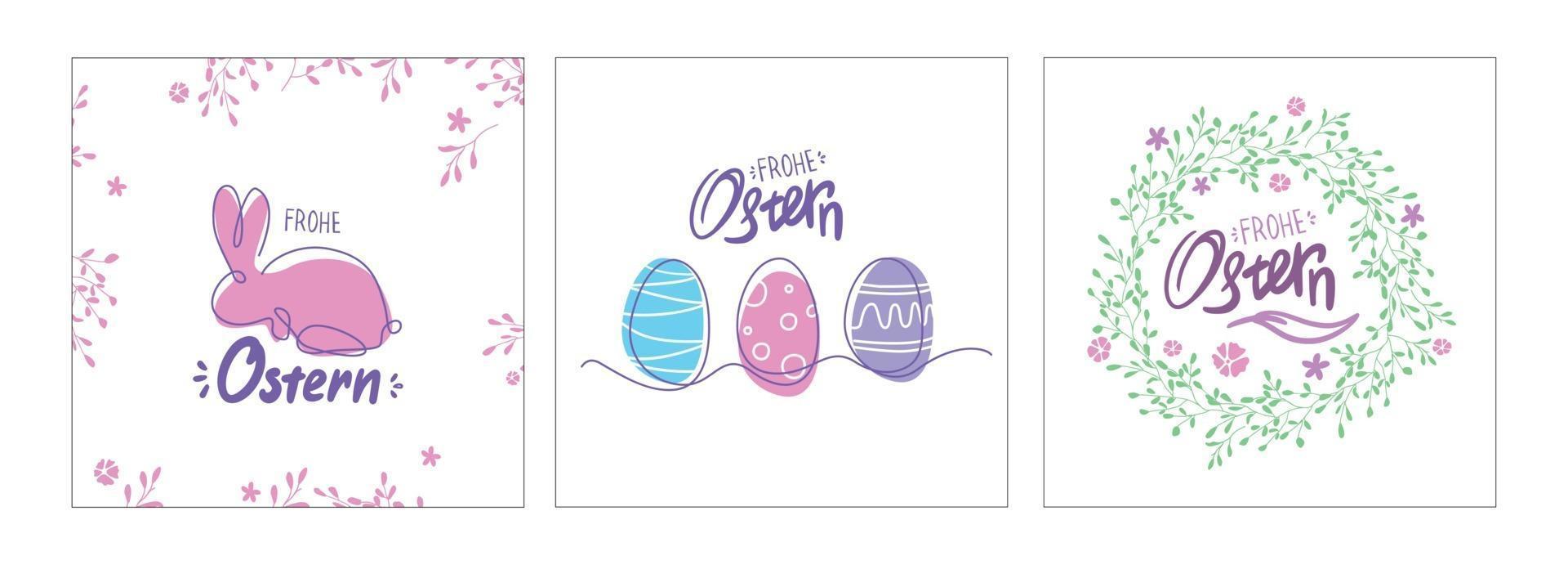 Line art Easter Postcards set. german Ostern card with eggs, bunny and wreath. one line drawing. Colorful spring poster or banner. Frohe Ostern. vector