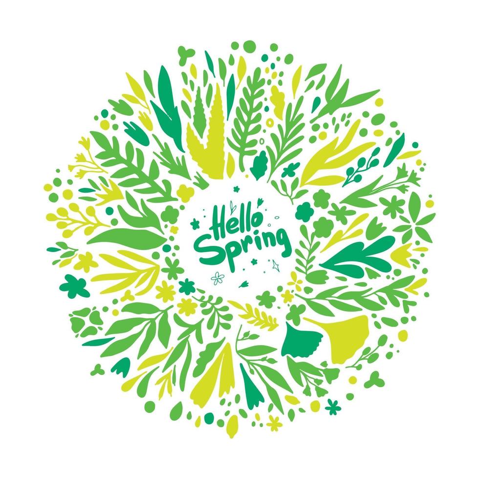 Hello Spring wreath with leaves and flowers. round spring plants in green and yellow. vector