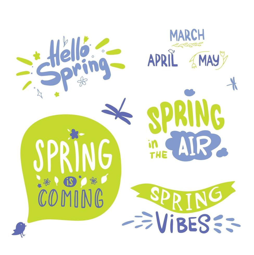 colorful Spring Lettering. Calligraphy hello spring, spring monthes green and blue. spring is coming vector