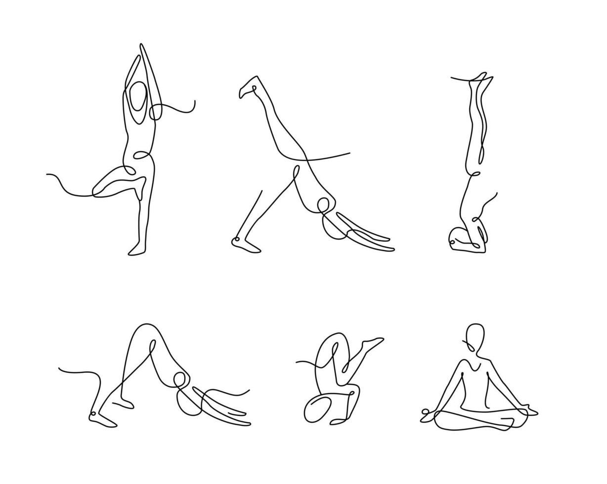 Continuous line art yoga poses. Outline art. vector