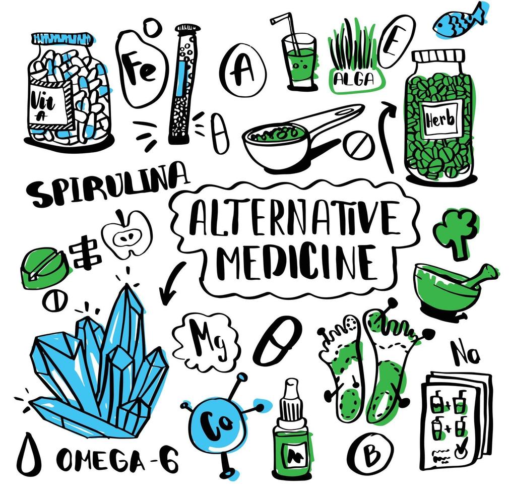 Alternative medicine doodle set. Sketch collection nutrition and biologically active additives. Homeopathy and vitamins, super food, acupuncture und diets. Hand drawn medical treatment elements. vector