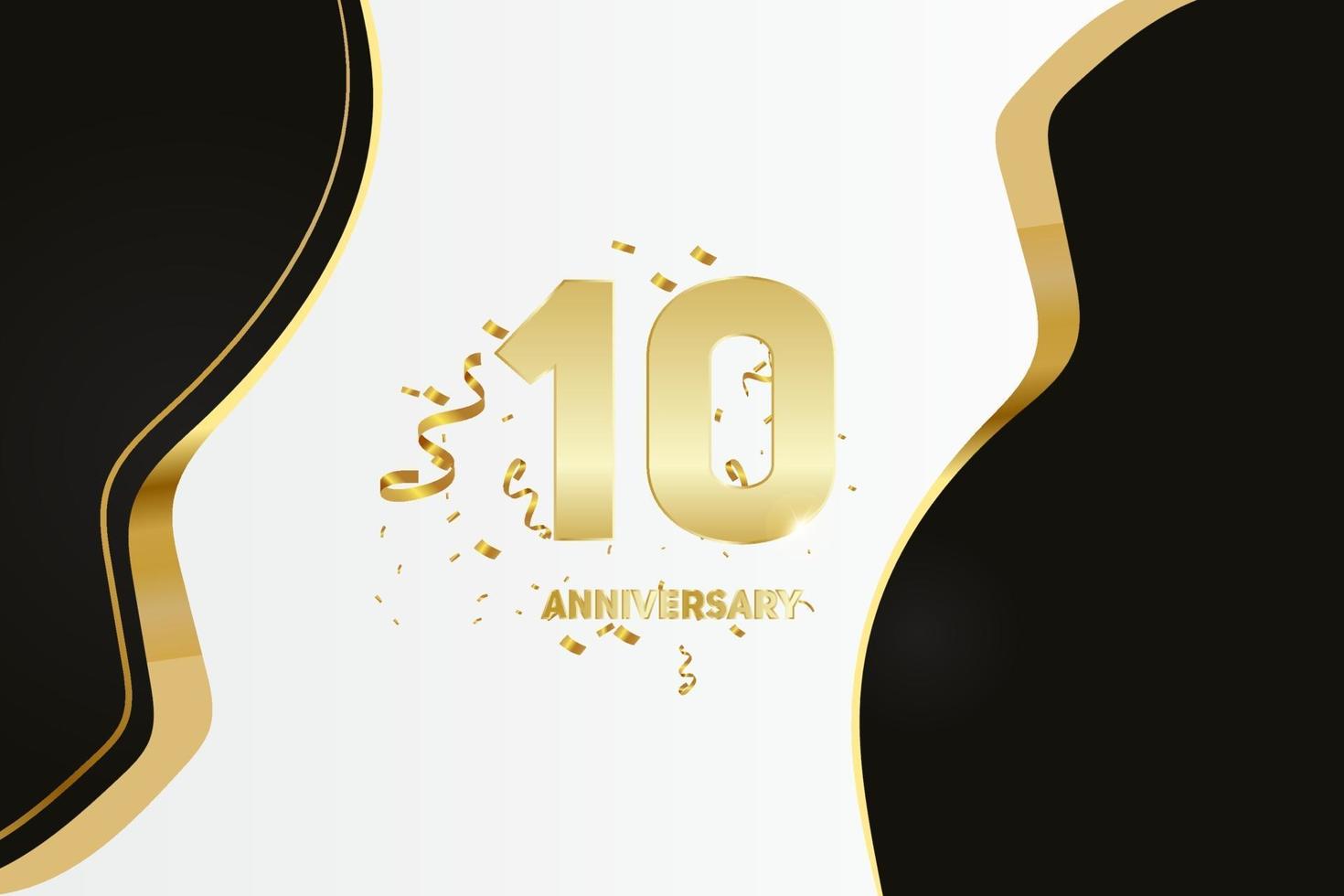 Celebración del aniversario de 10 años. Número de oro 10 con confeti brillante. vector