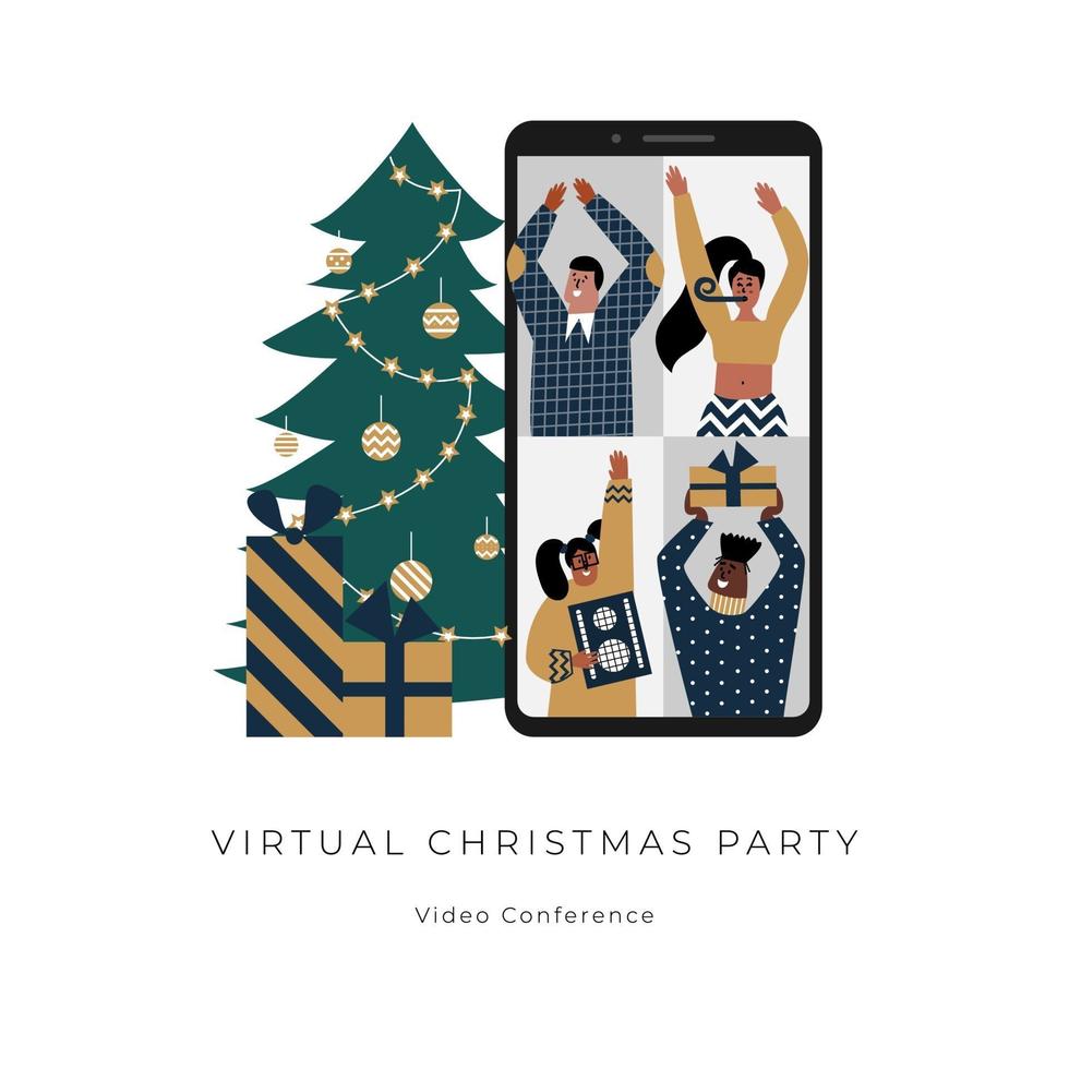 Online Christmas party with tree and gifts. Virtual video conference helps stay safe. Male and female characters on a remote celebration. Digital technologies connect friends during isolation. vector