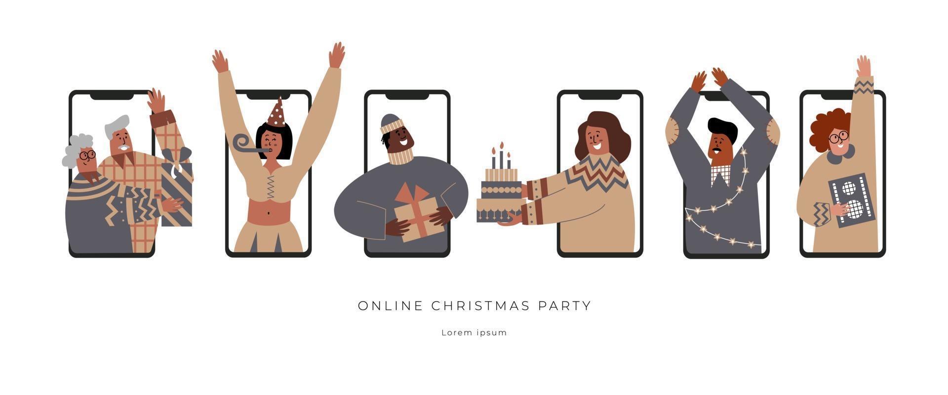 celebración segura de la fiesta de Navidad en línea. reunión virtual de familiares y amigos. variedad de personajes en una videollamada remota. Las tecnologías digitales e Internet conectan a las personas durante el aislamiento. vector