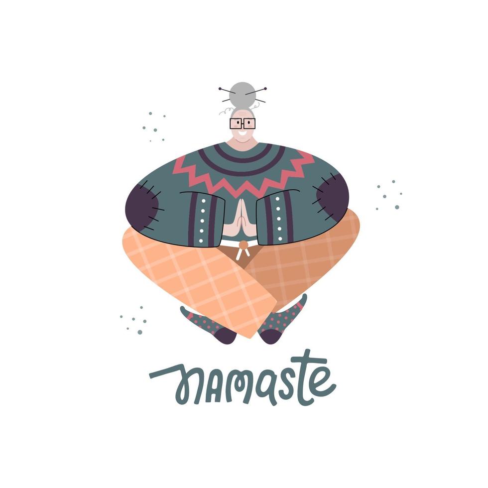 Aged woman doing yoga with namaste lettering vector