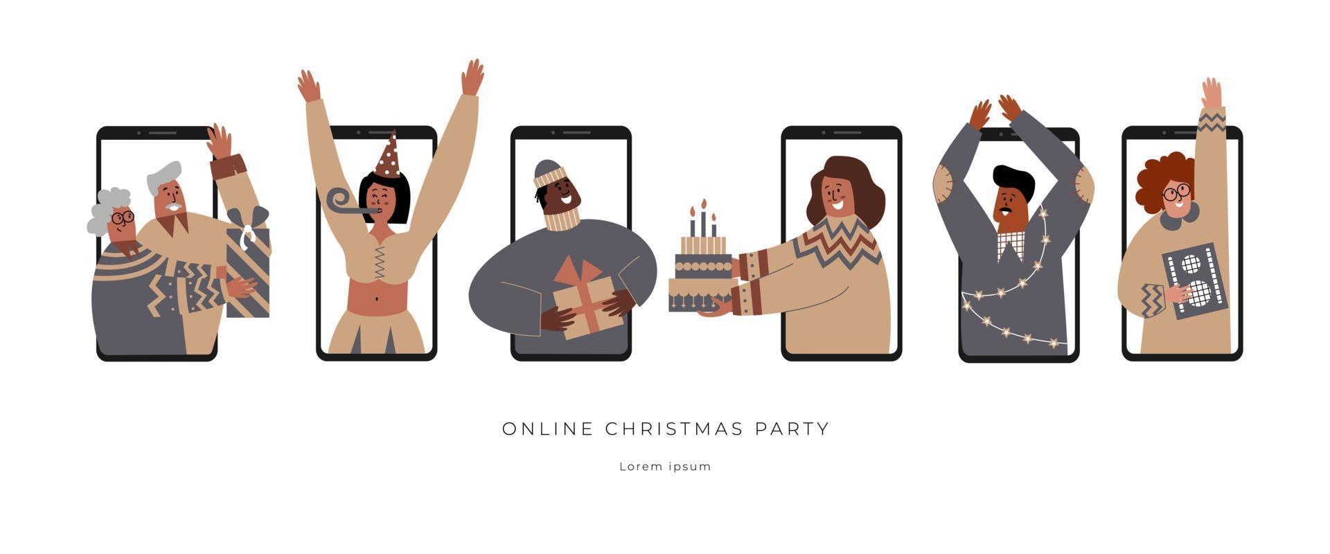 celebración segura de la fiesta de Navidad en línea. reunión virtual de familiares y amigos. variedad de personajes en una videollamada remota. Las tecnologías digitales e Internet conectan a las personas durante el aislamiento. vector