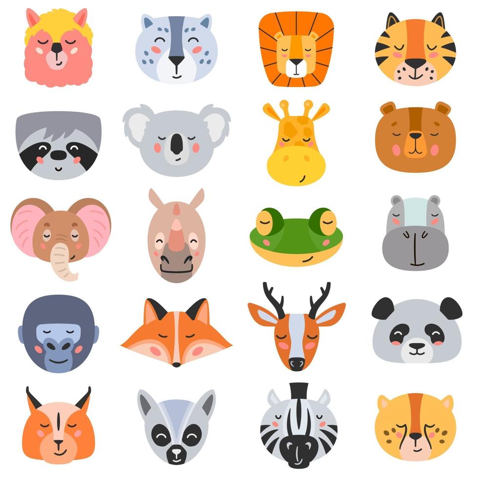 Vector illustration of collection of heads of assorted types of wild animals on white background