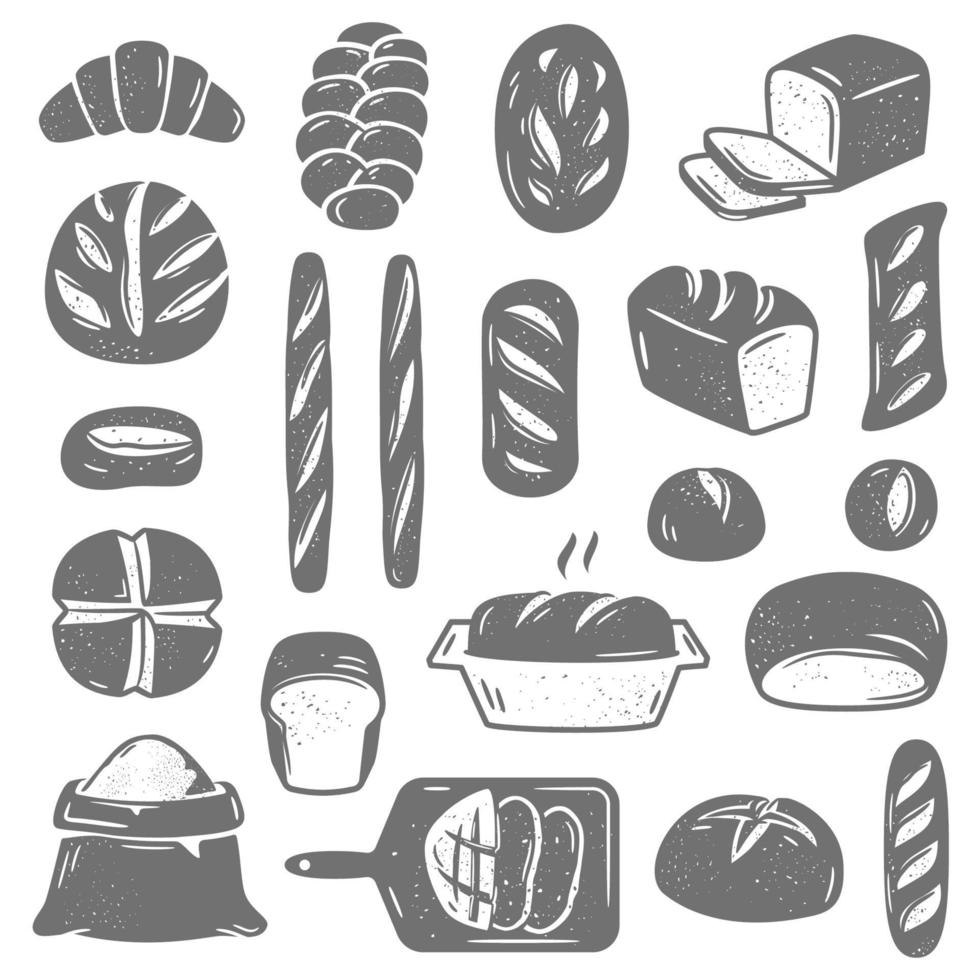 Collection of black and white vector illustrations of assorted types of baked bread and pastry of different shapes isolated on white background