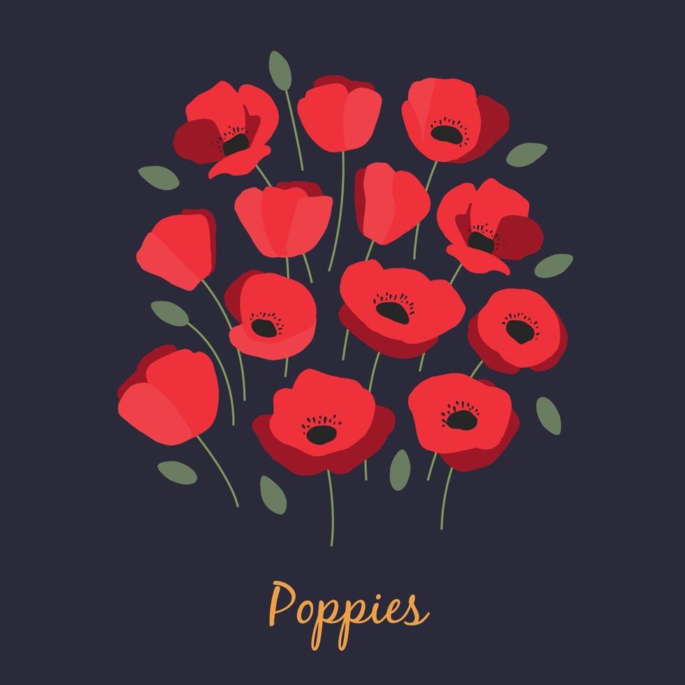 Vector illustration of bunch of aromatic red poppies and green leaves on dark blue background
