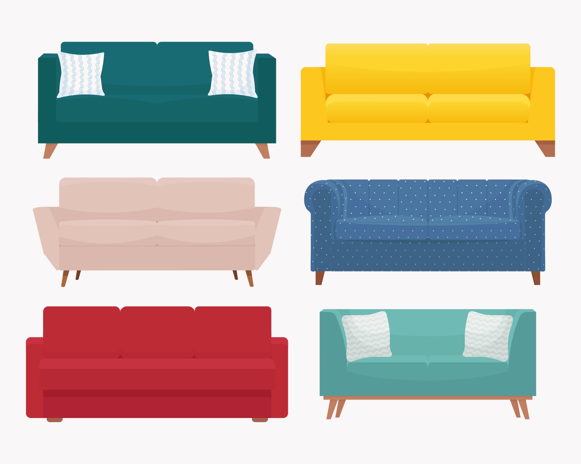 Sofa set. Collection of stylish modern cozy couch. Vector illustration