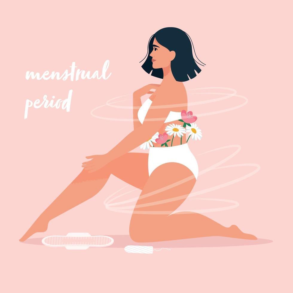 tema de la menstruación. higiene femenina. feliz, mujer joven, en, lenceria, con, flores, y, almohadilla vector