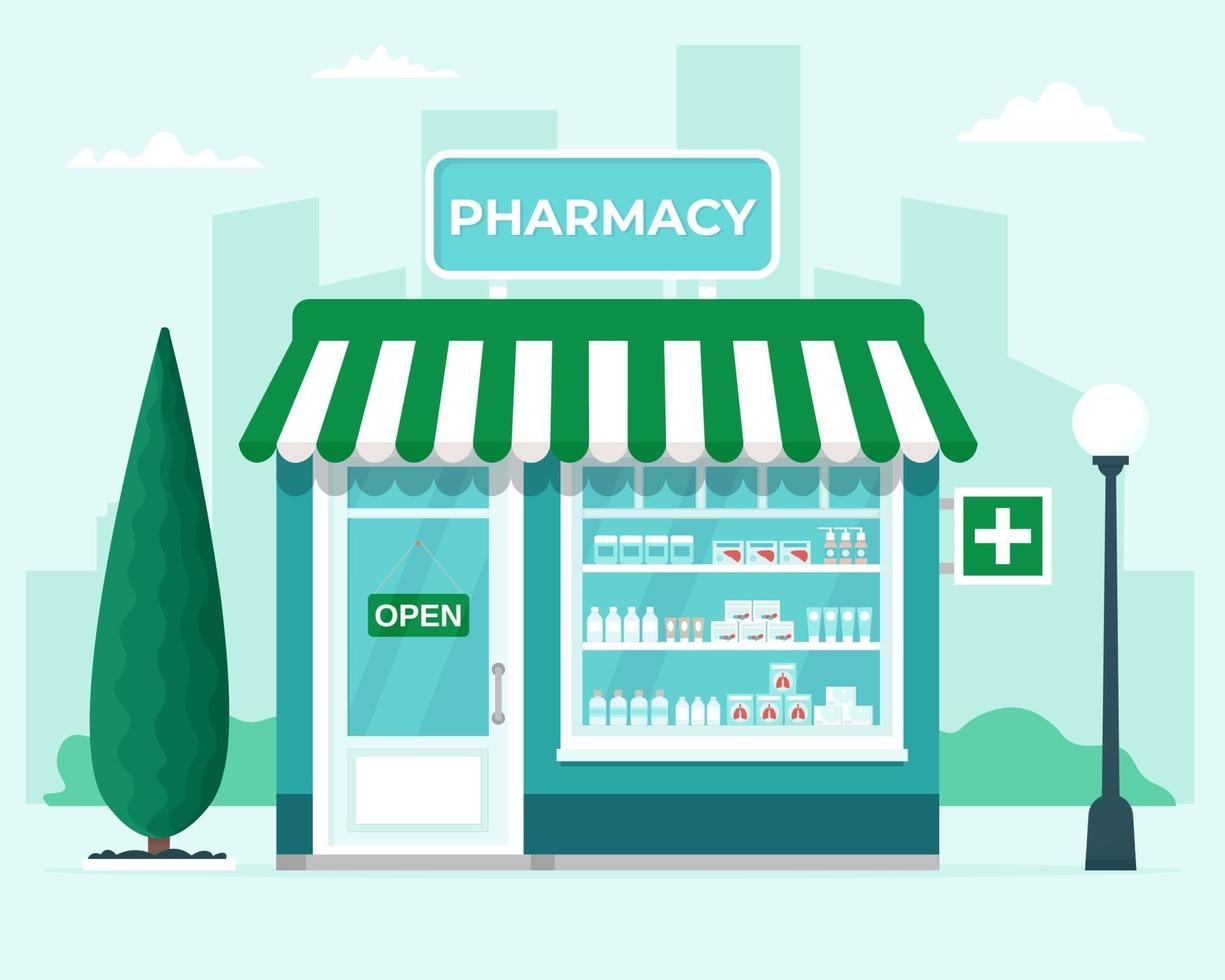 frente de la tienda de farmacia en el fondo de la ciudad. Edificio Comercial, Inmuebles Medicina. ilustración vectorial en estilo plano vector