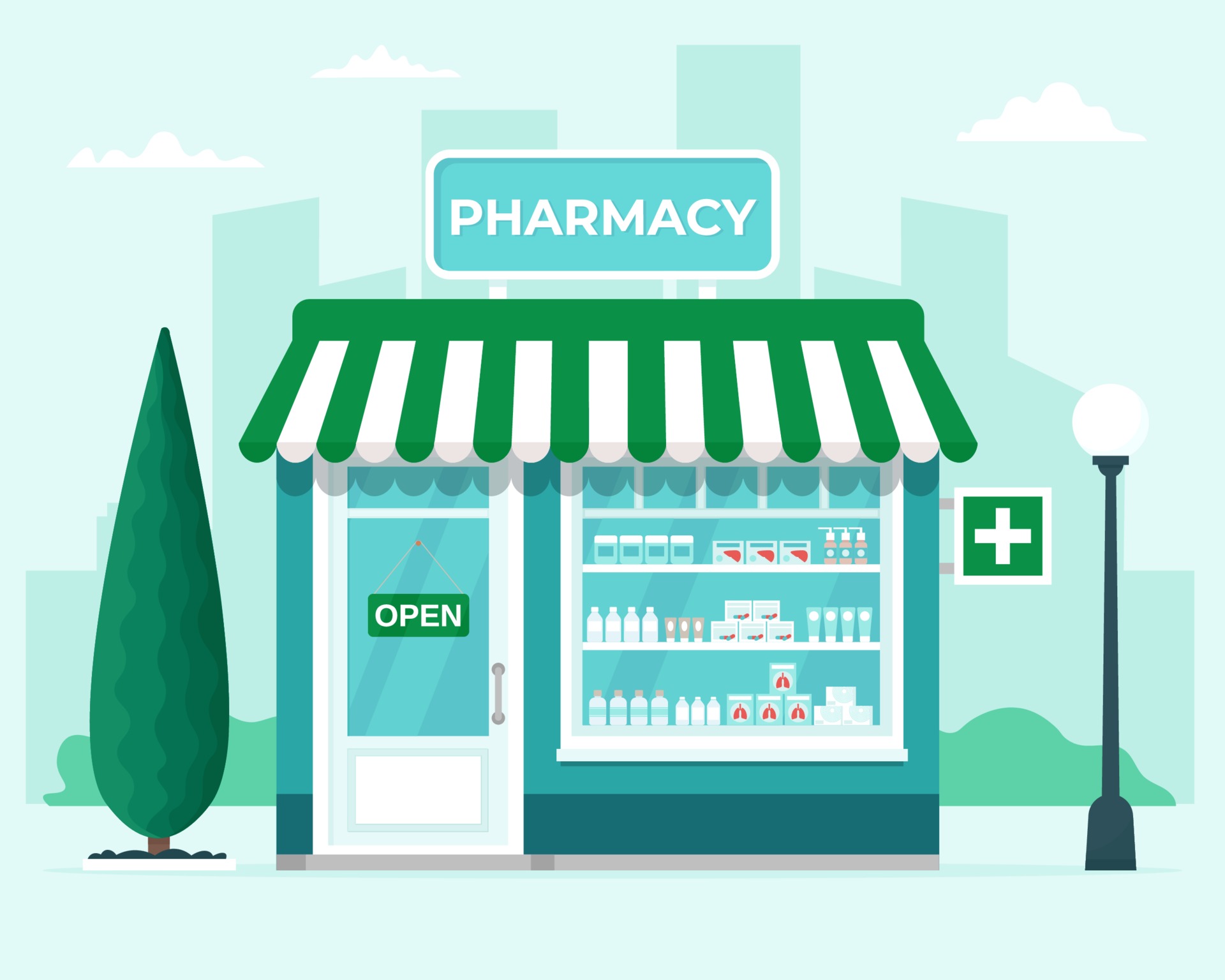 Pharmacy store front on city background. Commercial, property medicine  building. Vector illustration in flat style 2172389 Vector Art at Vecteezy