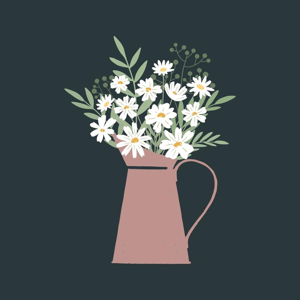 Vector illustration of bunch of fresh chamomile flowers in watering can on dark background