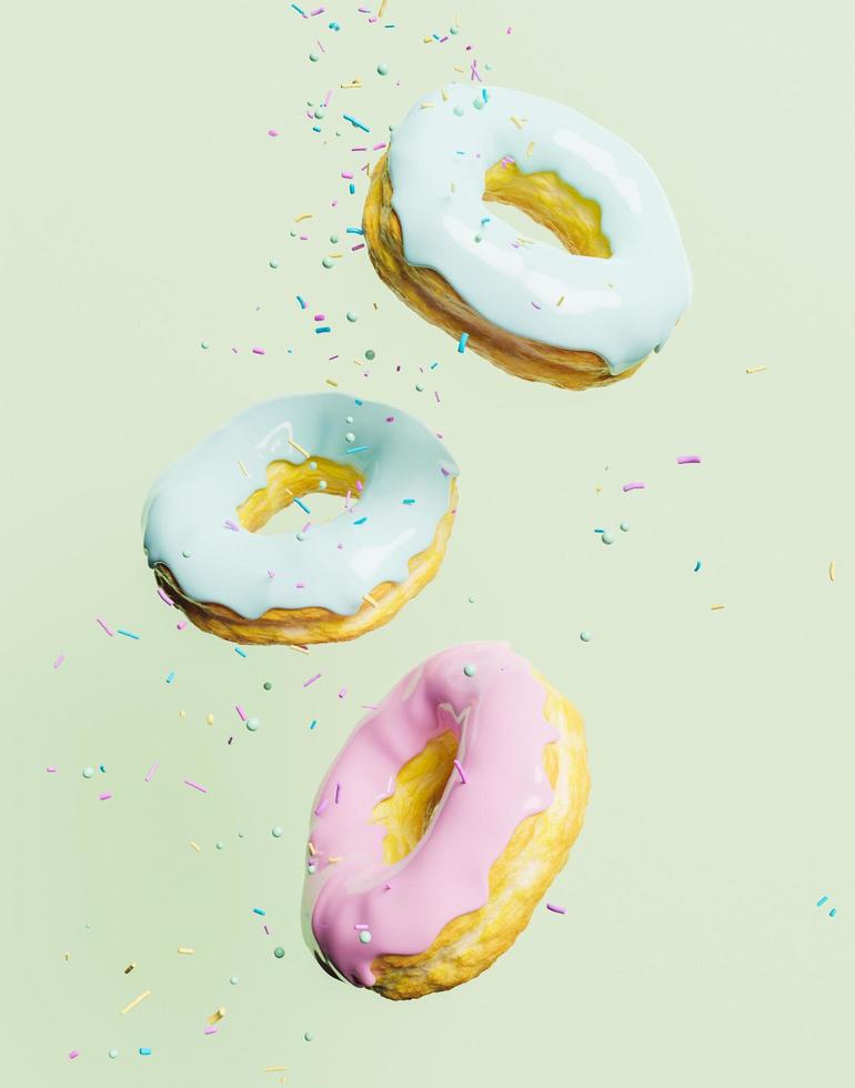 Donuts de chocolate de color pastel 3d con confeti cayendo foto