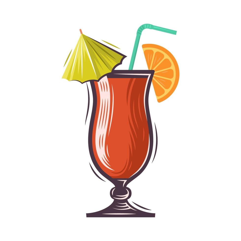 Vector illustration of tequila sunrise cocktail garnished with orange slice and umbrella on white background