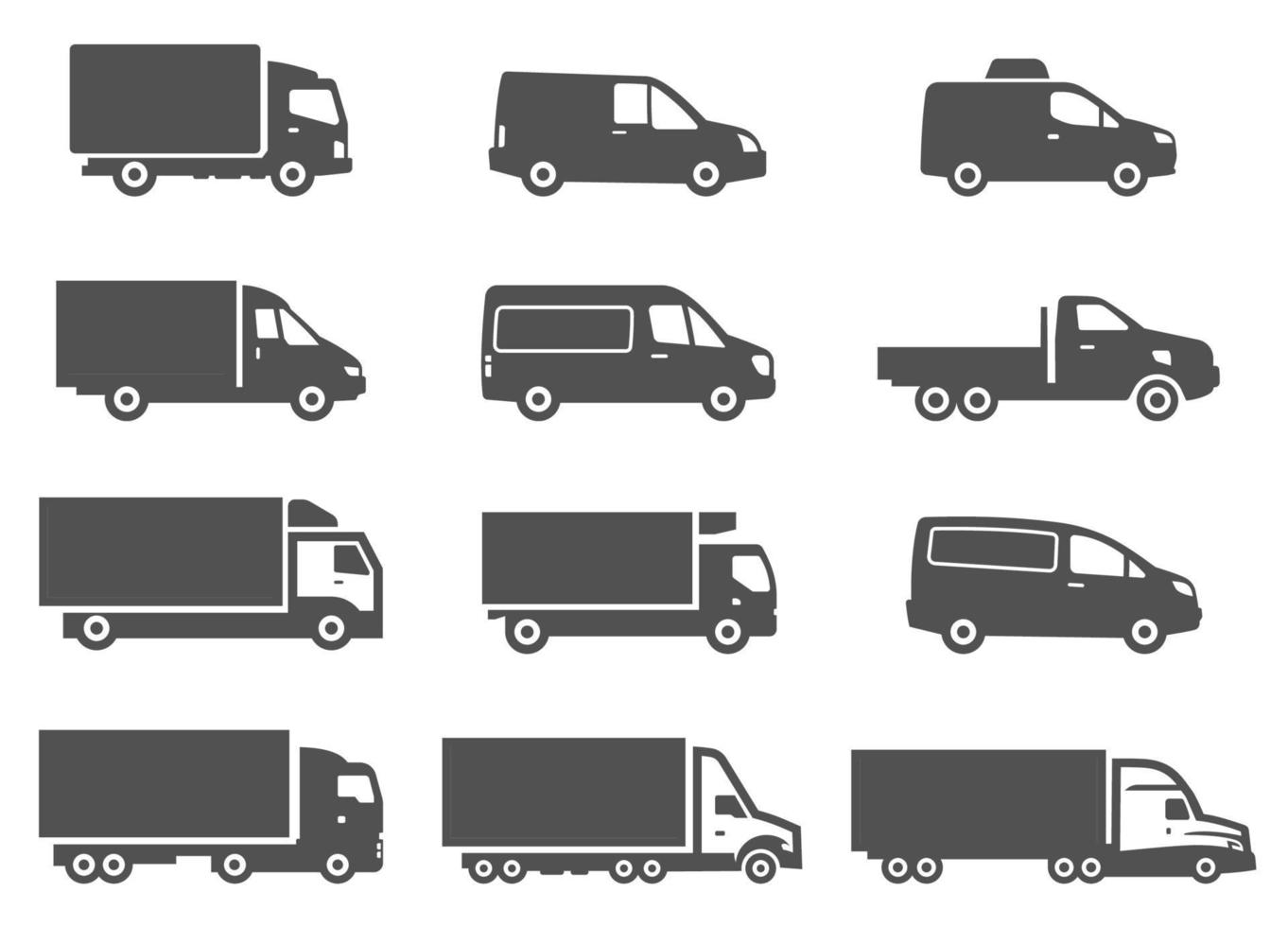 conjunto de diferentes camiones de reparto. Cliparts de distribución y logística. vector