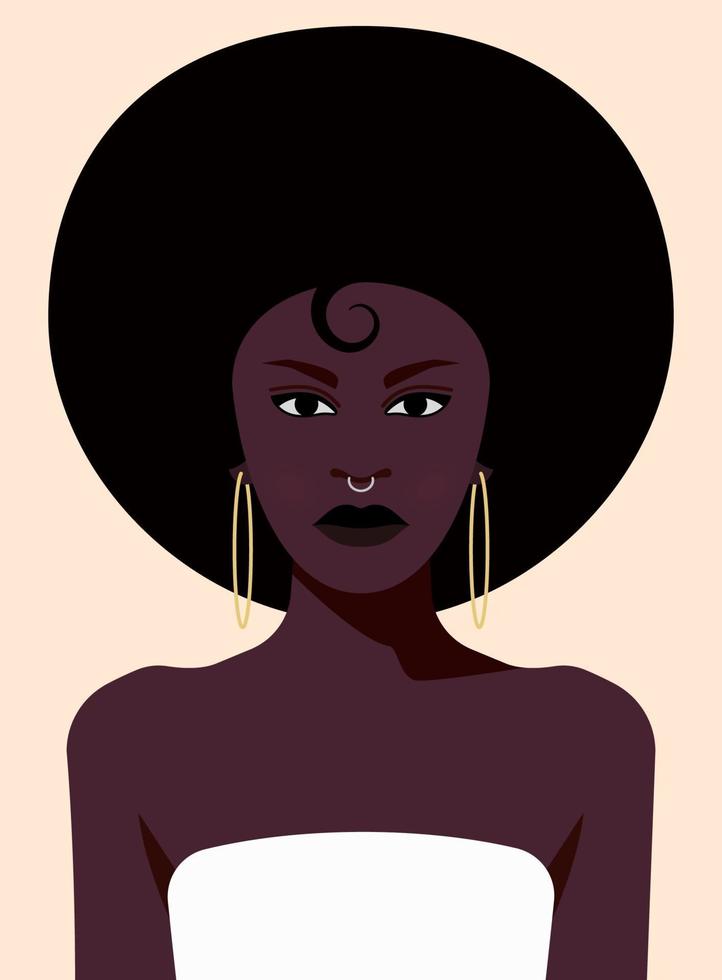 Stylish young black female with bare shoulders in white dress. Vector flat avatar for social network.