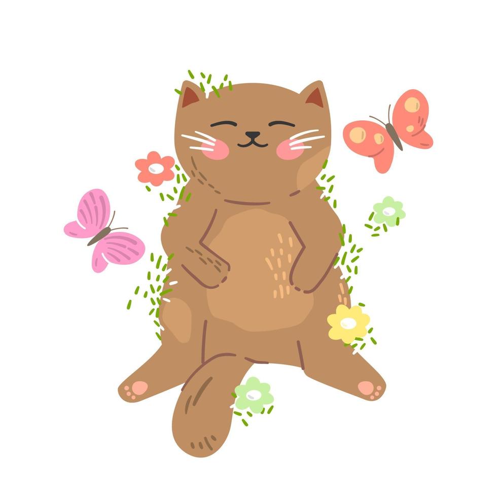 lindo gatito rojo duerme en la hierba con mariposas y flores alrededor. gato relajante feliz. ilustración plana. vector