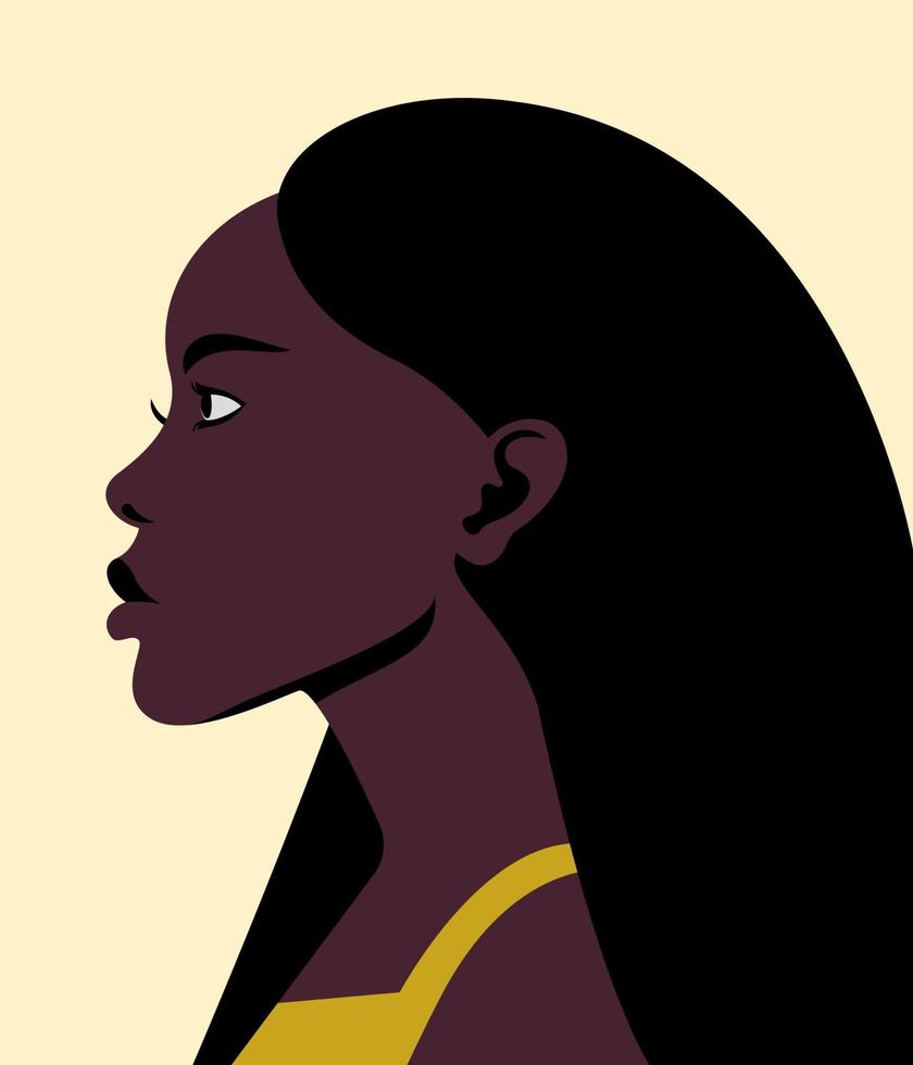 Young beautiful African Girl in profile with clean healthy hair. Vector flat avatar for social network.