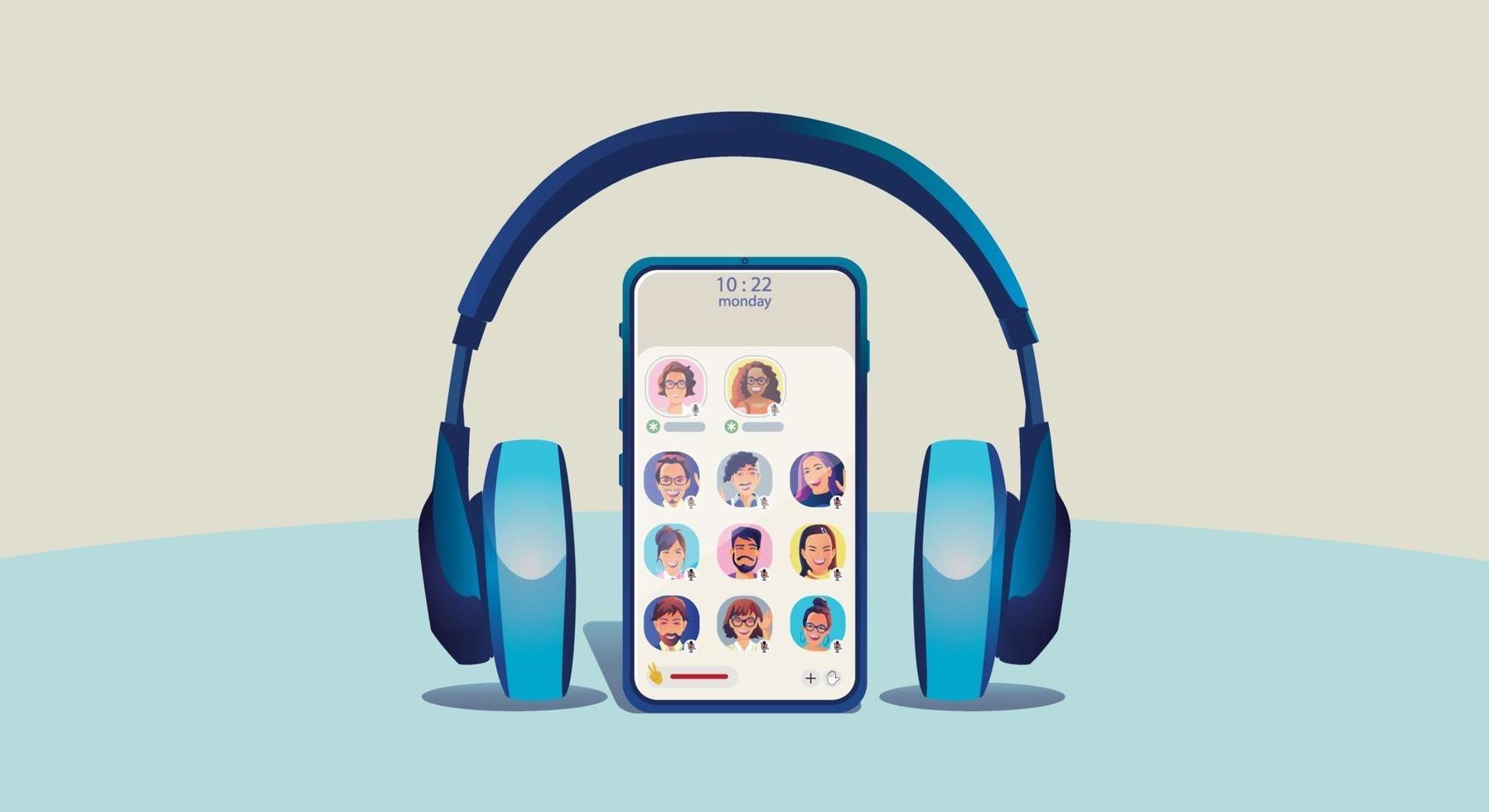 One man uses headphones, listens to a smartphone, screen show status of people using social networking applications vector