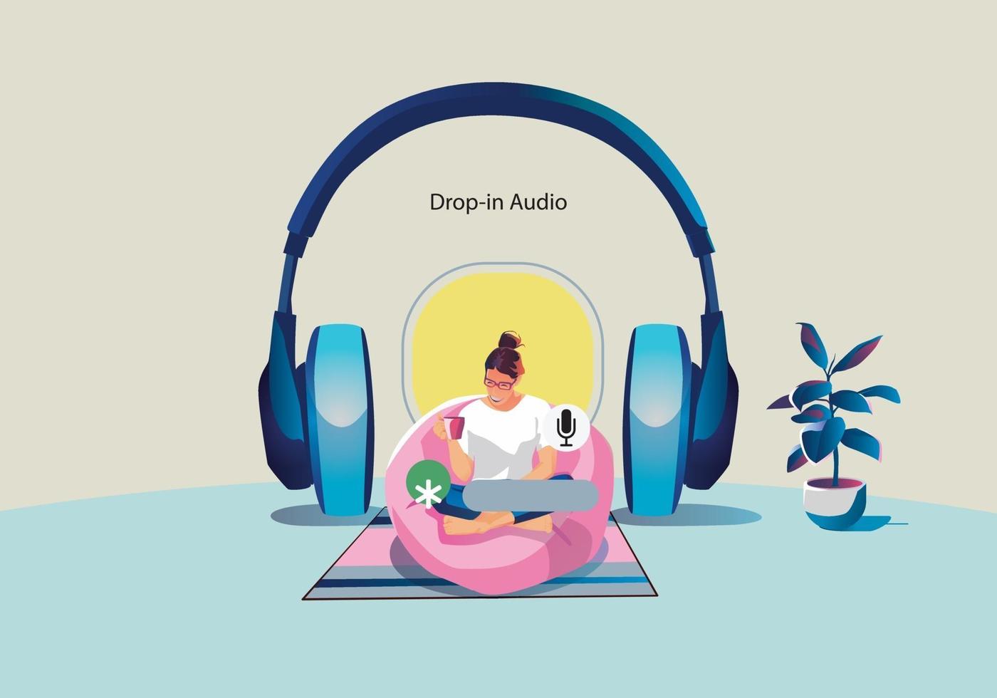 One woman uses headphones, listens to a smartphone vector