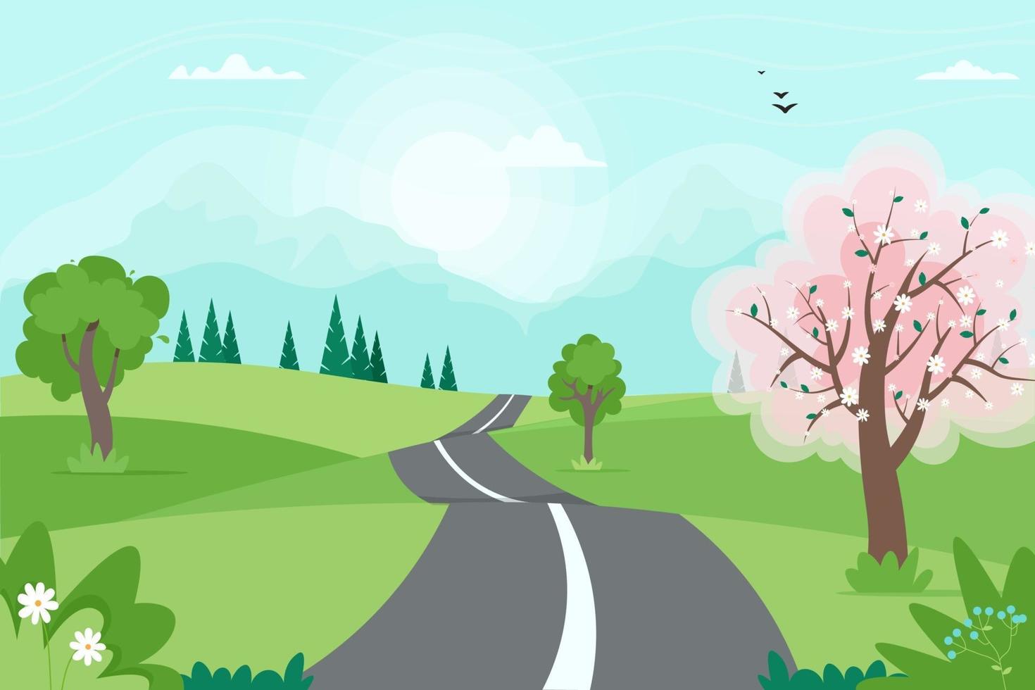 Cute spring road landscape with mountains. Vector illustration in flat style