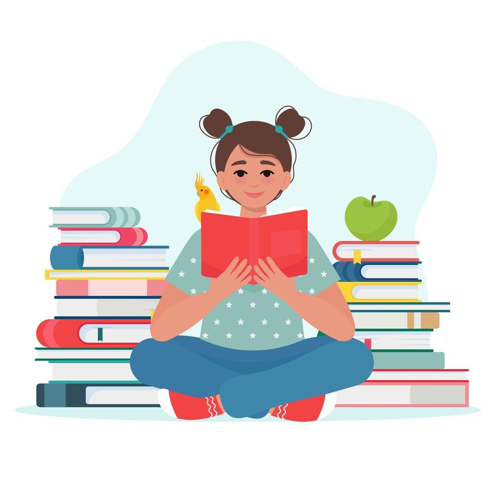 Cute little girl holding book in hands and is reading a book. Children with book concept. Vector illustration in flat style
