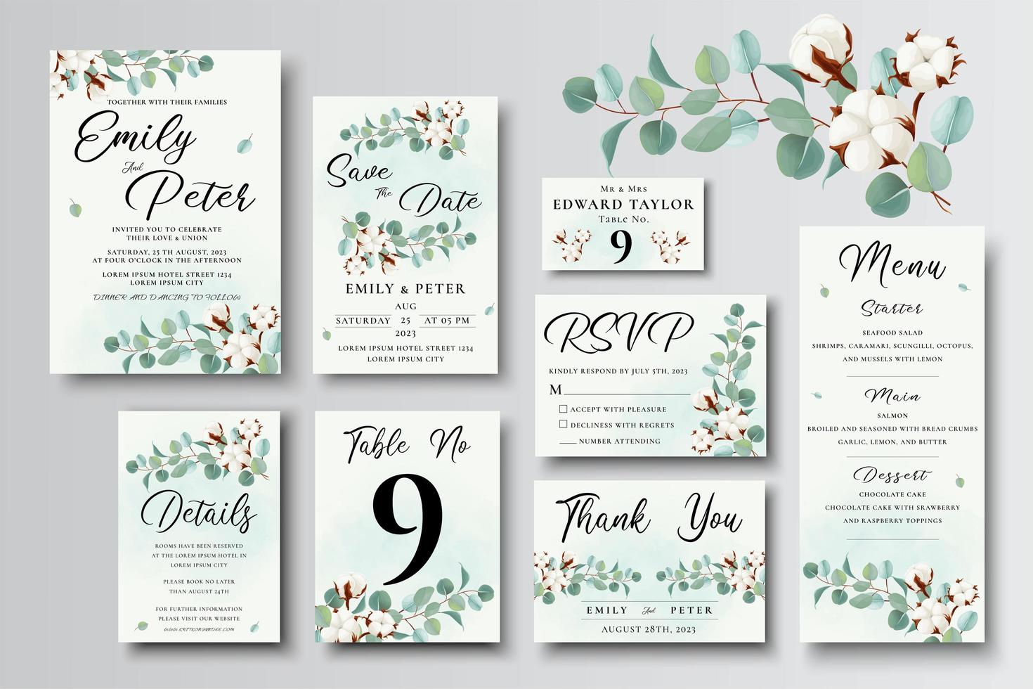 Set of wedding invitation card templates, green eucalyptus and cotton flowers vector