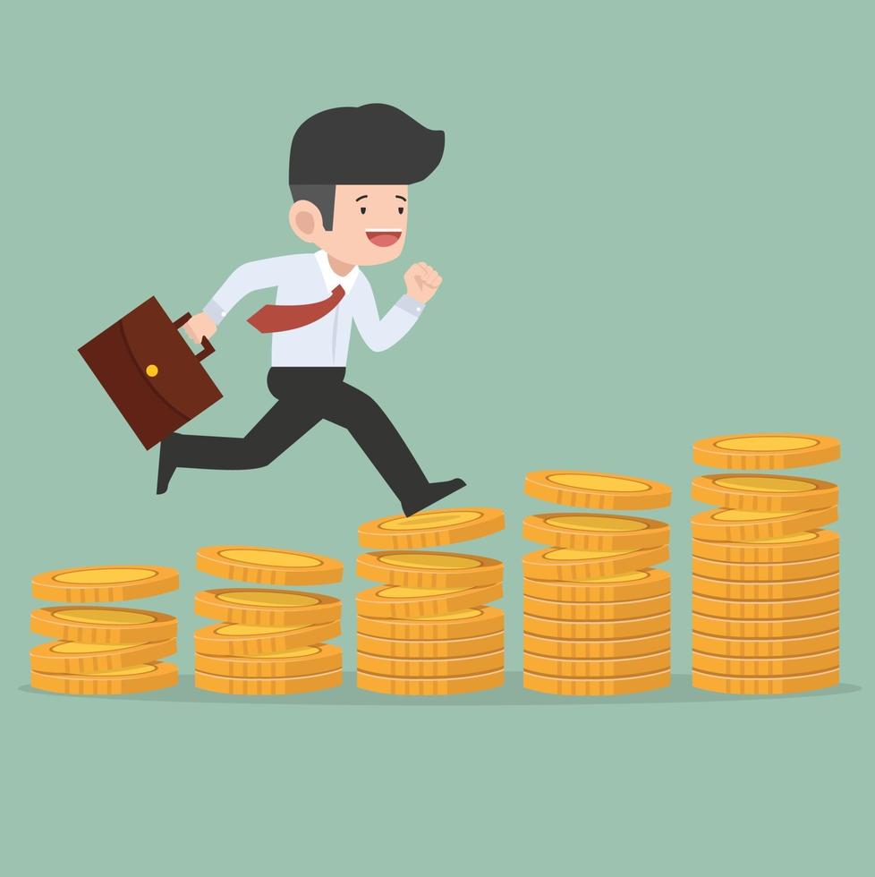 Businessman Running on Stack of Gold Coins vector