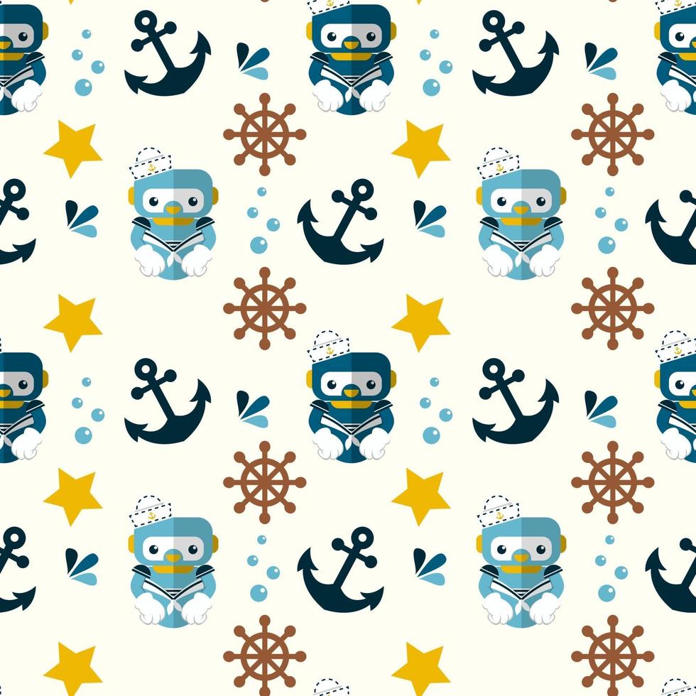 Cute robot, nautical and marine symbols seamless pattern vector