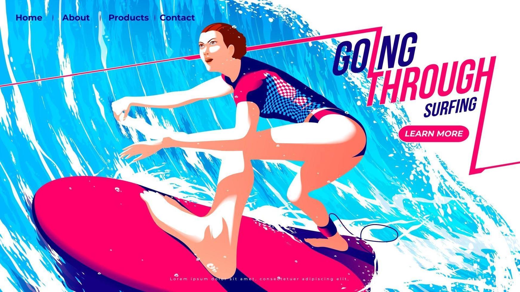 Vector illustration for ui or landing page of surfing sport, female surfer riding the surfboard through the tunnel of the big wave with determination.