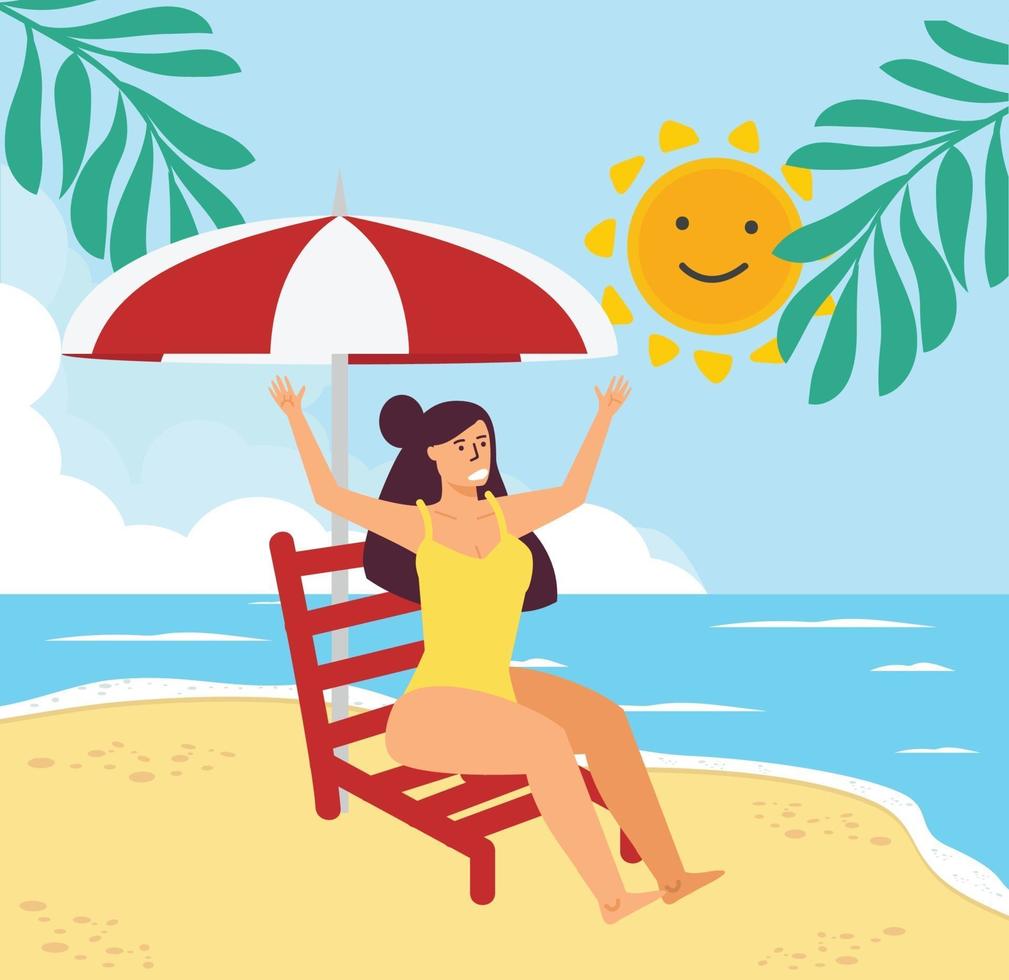Girl on beach with deck chair vector
