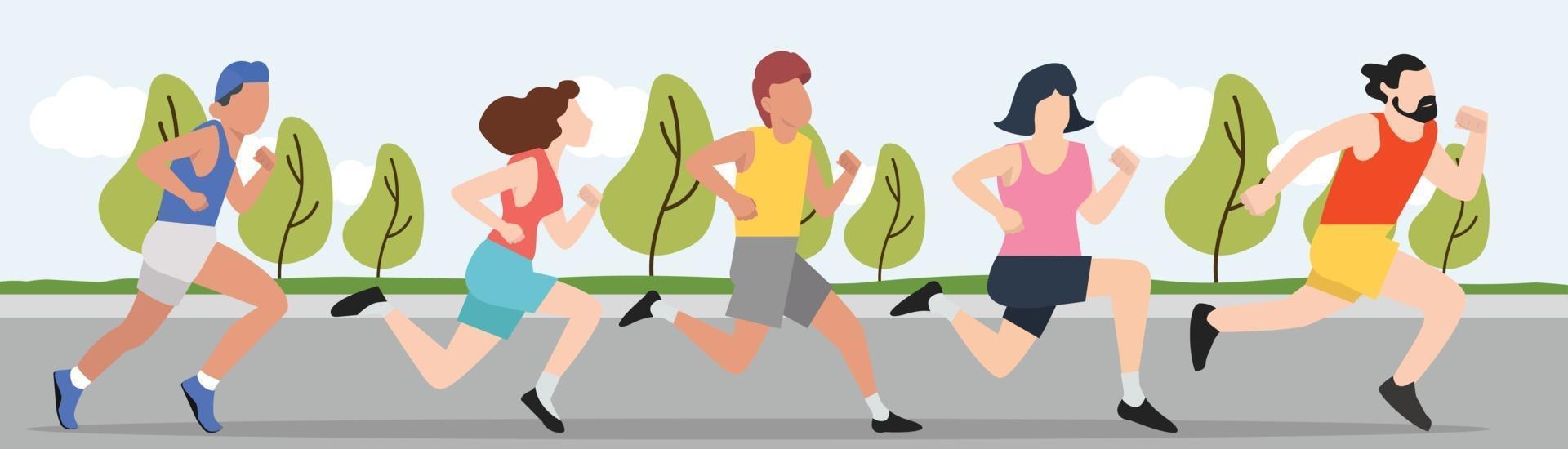 Runners, group of men and women running outdoors vector