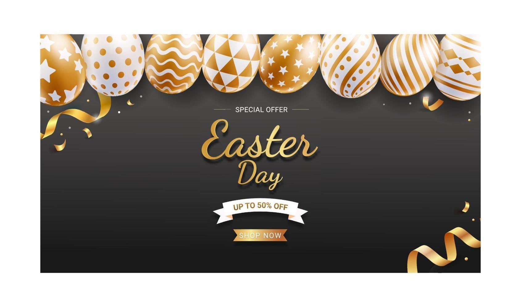 Easter day banner template with gold easter eggs and ribbon on black color background. vector
