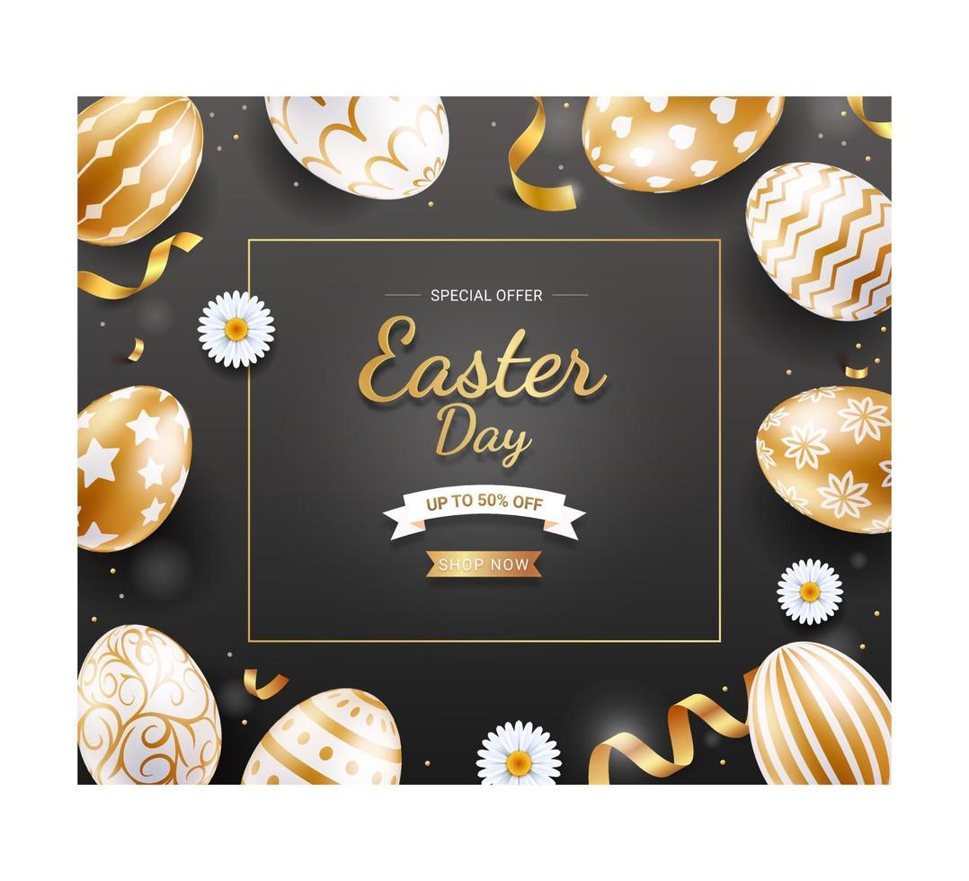 Easter day banner template with gold easter eggs, ribbon and daisies on black color background. vector