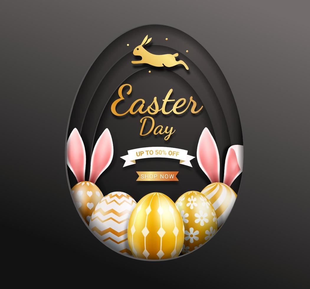 Easter day banner template with gold easter eggs inside egg paper cut shape on black background. vector